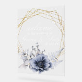 Dusty Blue Botanische Bloemen Gouden Bruiloft Acryl Bord (Hoek)