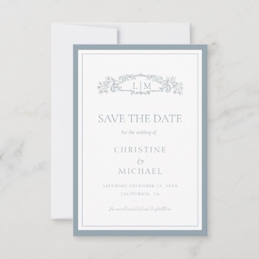 Dusty Blue botanische kam monogram bruiloft Save The Date (Voorkant)