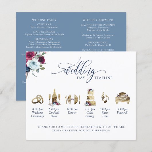 Dusty Blue Bourgogne Berry Programme de mariage Ca (Devant / Derrière)