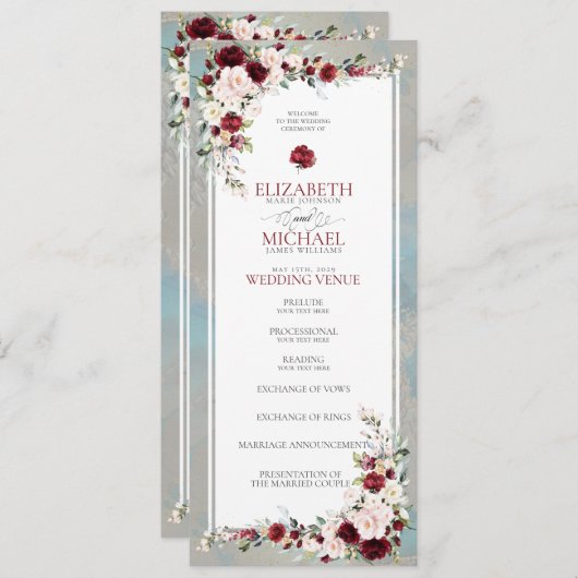 Dusty Blue Bourgondië Blush Bloemen Bruiloft Progr Programma (Voorkant / Achterkant)