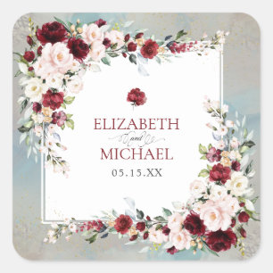 Dusty Blue Bourgondië Blush Bloemen Bruiloft Stick Vierkante Sticker