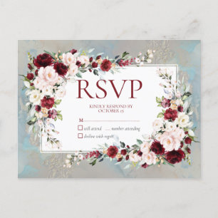 Dusty Blue Bourgondië Blush Bloemen Geen Menu RSVP