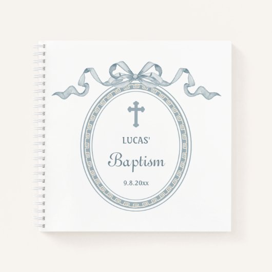 Dusty Blue Bow livre d'hôtes Baptême Cadre grec (Devant)