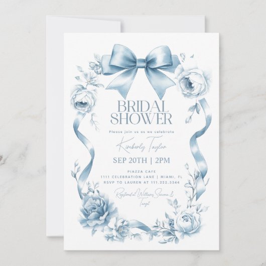 Dusty Blue Bow Ribbon Bloemen Vrijgezellenfeest Kaart (Voorkant)