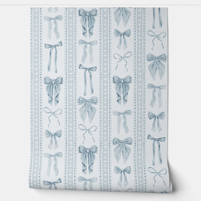Dusty Blue Bows and Lace with Vertical Stripes Behang (Afrollen)