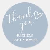 Dusty Blue Boy Baby shower Script Heart Bedankt Ronde Sticker (Voorkant)
