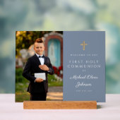 Dusty Blue Boy Photo First Communion Bienvenue (Neutre)
