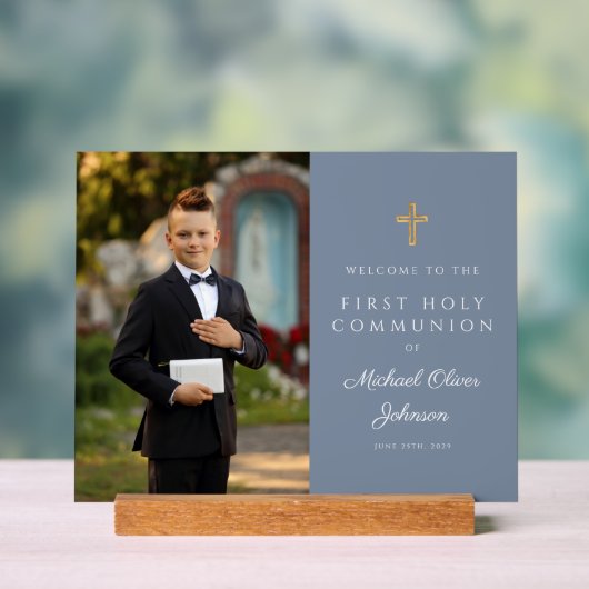 Dusty Blue Boy Photo First Communion Bienvenue (Neutre)