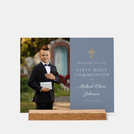 Dusty Blue Boy Photo First Communion Bienvenue (Recto)