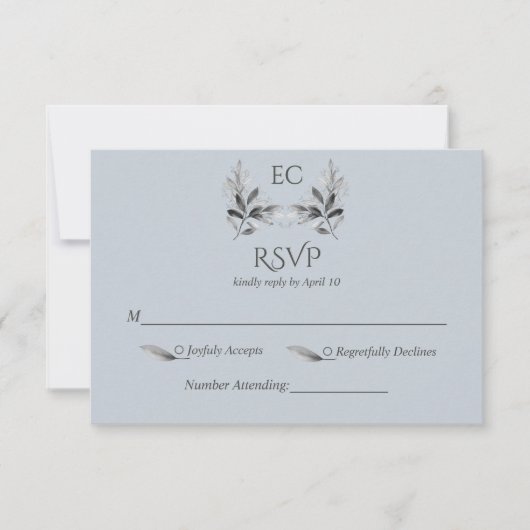 Dusty Blue Branch Monogram Wedding RSVP Kaartje (Voorkant)