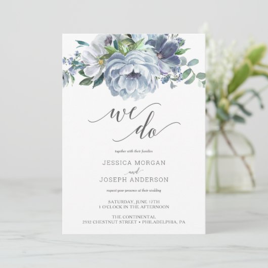 Dusty Blue bruiloft uitnodiging doen we (Staand voorkant)