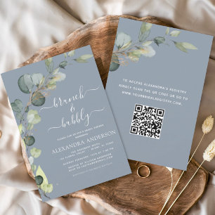 Dusty Blue Brunch & Bubbly QR Code Uitnodiging