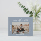 Dusty blue brush script 2 foto's slaan de datum op briefkaart (Staand voorkant)