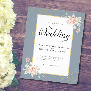 Dusty Blue Budget Weduwen Uitnodiging Roze Peony Flyer