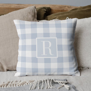 Dusty Blue Buffalo Check Monogram Kussen