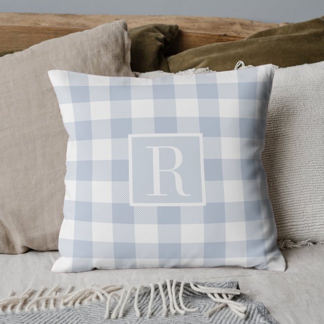 Dusty Blue Buffalo Check Monogram Kussen (Creator heeft geüpload)