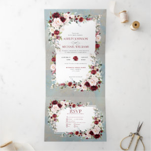 Dusty Blue Burgundy Blush Floral Foto Drieluik Uitnodiging