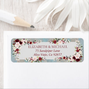 Dusty Blue Burgundy Blush Floral Return Address Etiket