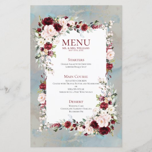Dusty Blue Burgundy Blush Floral Wedding Menu (Voorkant)