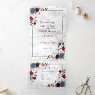 Dusty Blue Burgundy Blush Gold Floral Wedding Drieluik Uitnodiging