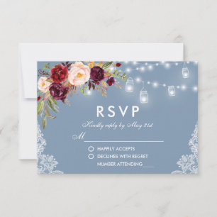 Dusty Blue Burgundy Floral Lace Lights RSVP Kaartje