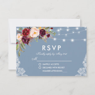 Dusty Blue Burgundy Floral Lights Lace RSVP Kaartje