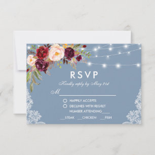 Dusty Blue Burgundy Floral Lights Wedding Meal RSVP Kaartje