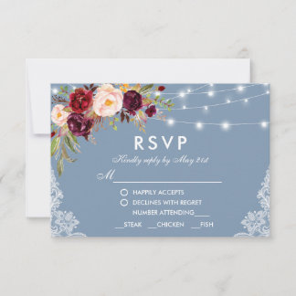 Dusty Blue Burgundy Floral Lights Wedding Meal RSVP Kaartje