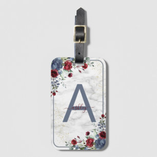 Dusty Blue Burgundy Floral Marble Name Monogram Bagagelabel
