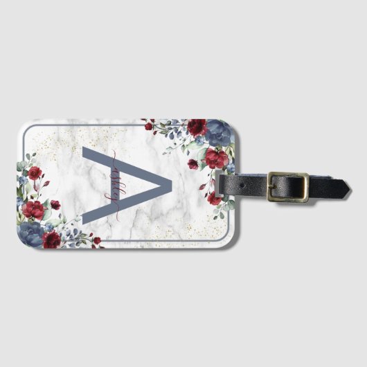 Dusty Blue Burgundy Floral Marble Name Monogram Bagagelabel (Voorkant (horizontaal))