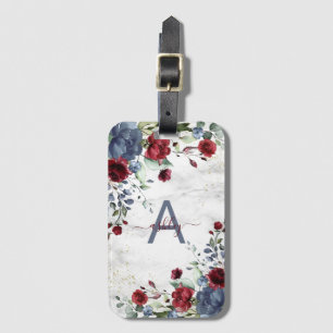 Dusty Blue Burgundy Floral Marble Name Monogram Bagagelabel