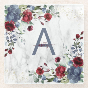 Dusty Blue Burgundy Floral Marble Name Monogram Glazen Onderzetter
