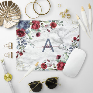 Dusty Blue Burgundy Floral Marble Name Monogram Muismat