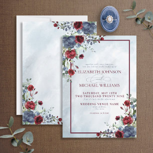 Dusty Blue Burgundy Floral Waterverf Script invull Kaart