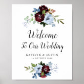 Dusty blue burgundy floral welkomstbord poster (Voorkant)