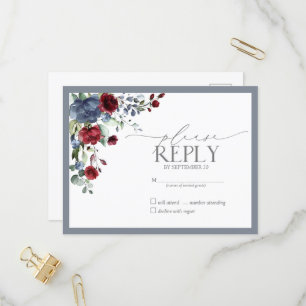 Dusty Blue Burgundy Red Floral Waterverf RSVP Uitnodiging Briefkaart