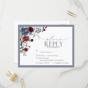 Dusty Blue Burgundy Red Floral Waterverf RSVP Uitnodiging Briefkaart