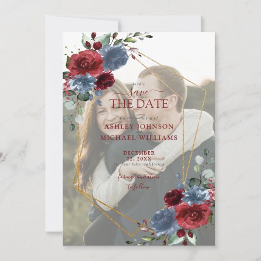 Dusty Blue Burgundy Vellum Photo Save the Date (Voorkant)