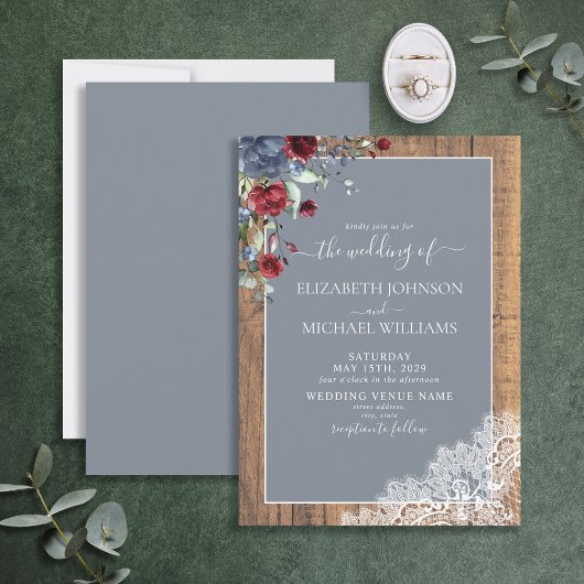 Dusty Blue Burgundy Wood Lace Script Weduwschap Kaart