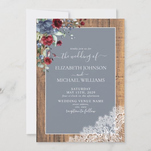 Dusty Blue Burgundy Wood Lace Script Weduwschap Kaart (Voorkant)