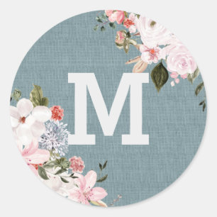 Dusty Blue Burlap Rustieke Bloemen Bruiloft monogr Ronde Sticker