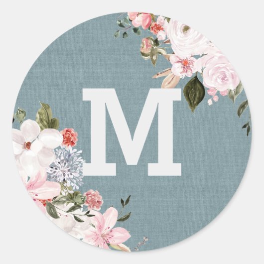 Dusty Blue Burlap Rustieke Bloemen Bruiloft monogr Ronde Sticker (Voorkant)