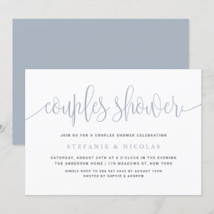 Dusty Blue Calligraphy Couples Douche Kaart