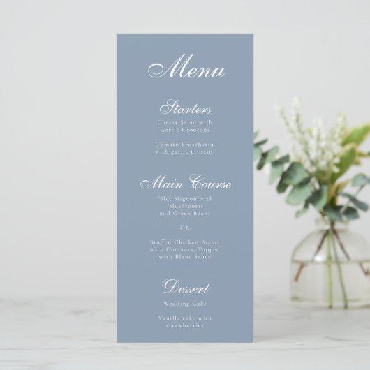 Dusty Blue Calligraphy Élégant Script Menu simple (Debout devant)