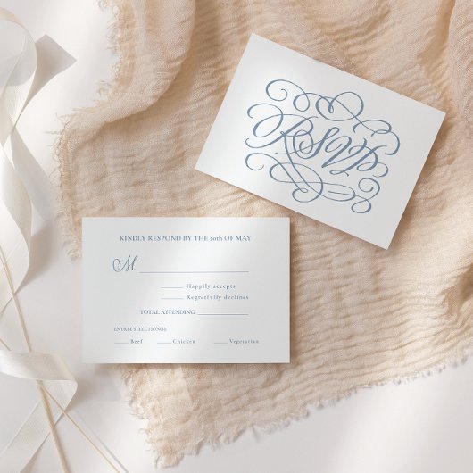 Dusty Blue Calligraphy Mariage Repas Carte RSVP