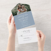 Dusty Blue Calligraphy Photo Wedding All In One Uitnodiging (Afscheurbaar)