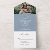 Dusty Blue Calligraphy Photo Wedding All In One Uitnodiging (Binnen)