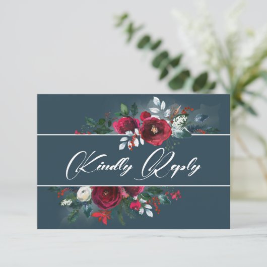 Dusty Blue | Carte RSVP Mariage Fleur Bourgogne (Debout devant)