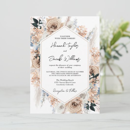 Dusty Blue Champagne Floral Wedding Kaart (Staand voorkant)