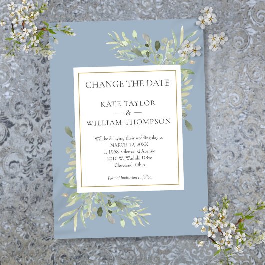 Dusty Blue Change the Date Waterverf Greenery Save The Date